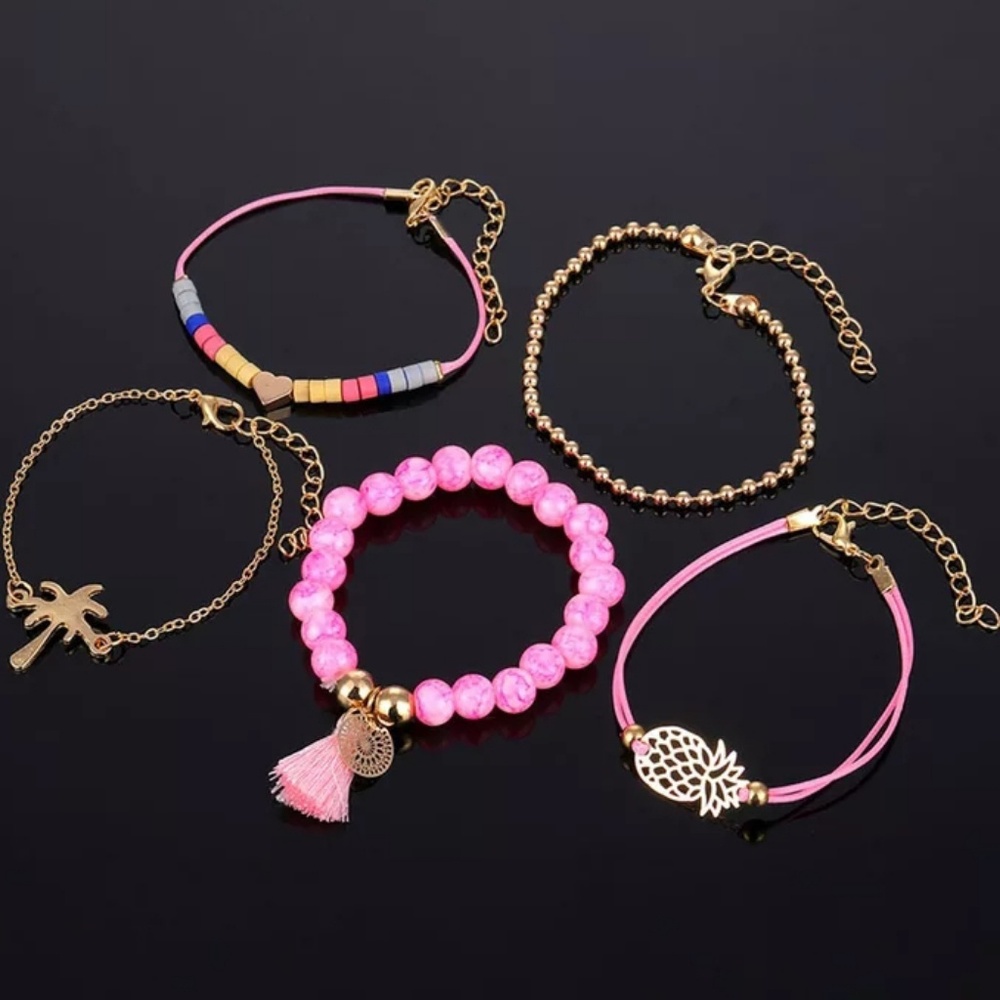 5 Piece Boho Gypsy Charm Bracelet Set Tassel Heart - Picture 3 of 5